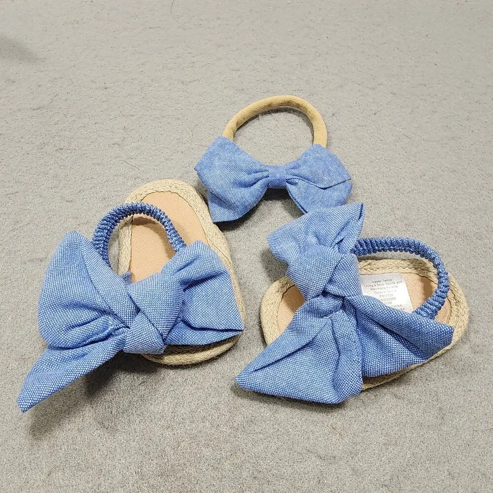 0-3M Chambray Bow Ankle Strap Sandals & Head Band Soft Blue Fabric